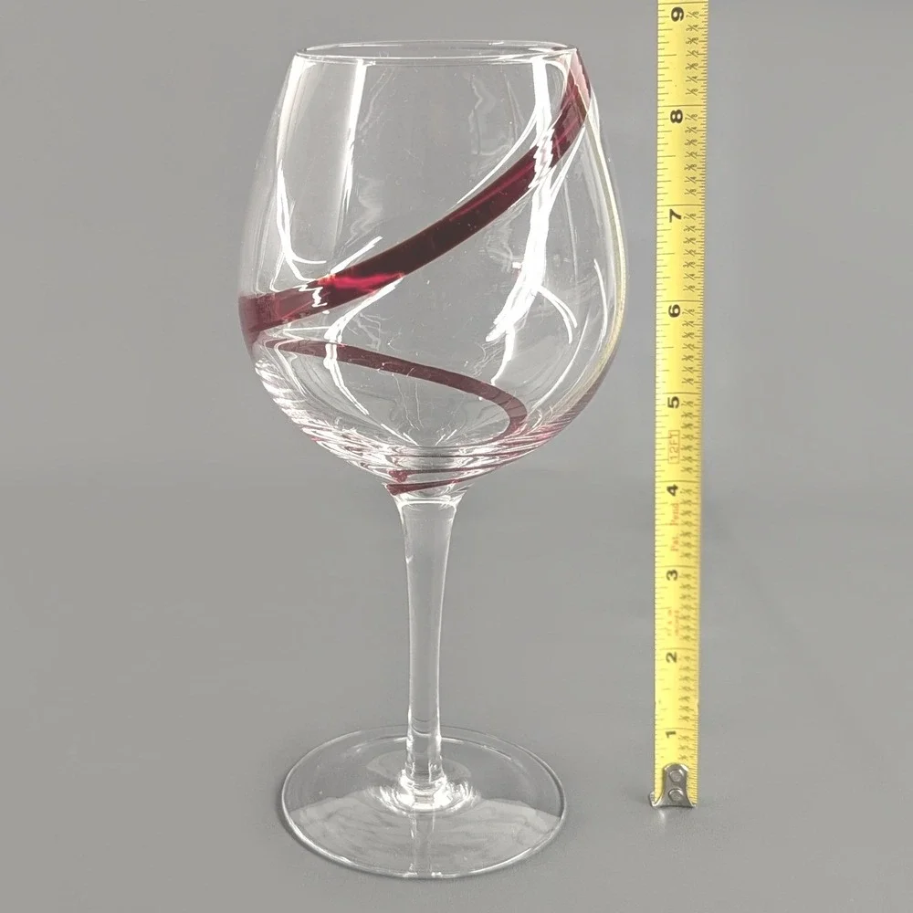 Pier 1 Red Ribbon Swirl Clear Glass Wine Goblet Hand Blown Balloon Stemware
